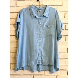 Orvis Womens Size XXL Shirt Light Blue Linen Rayon Button Up Cap Sleeve